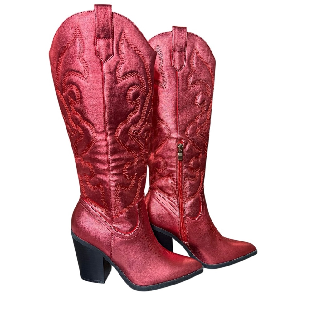 Burness Arizona Metallic Matte Red Western Faux Leather Knee High Boots Size 6